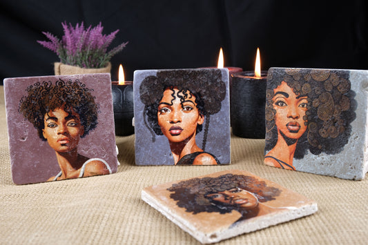 travertine coasters, stone coaster set, South African gifts, african coasters, afro woman decor, retro coaster, woman face drawing, geode coaster, absorbent coasters, ethnic woman art, ethnic woman art, art nouveau coasters